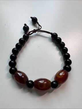 Evil Eye Beaded Stretch Bracelet with Black and Amber Beads